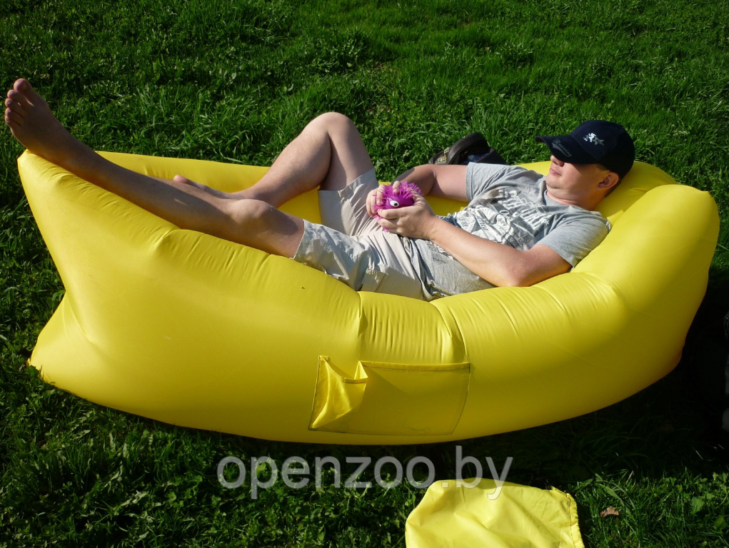 Надувной диван (Ламзак) XL 215 х 80 см. с двумя кармашками / Надувной шезлонг-лежак с сумкой и карманами Синий - фото 5 - id-p76964372