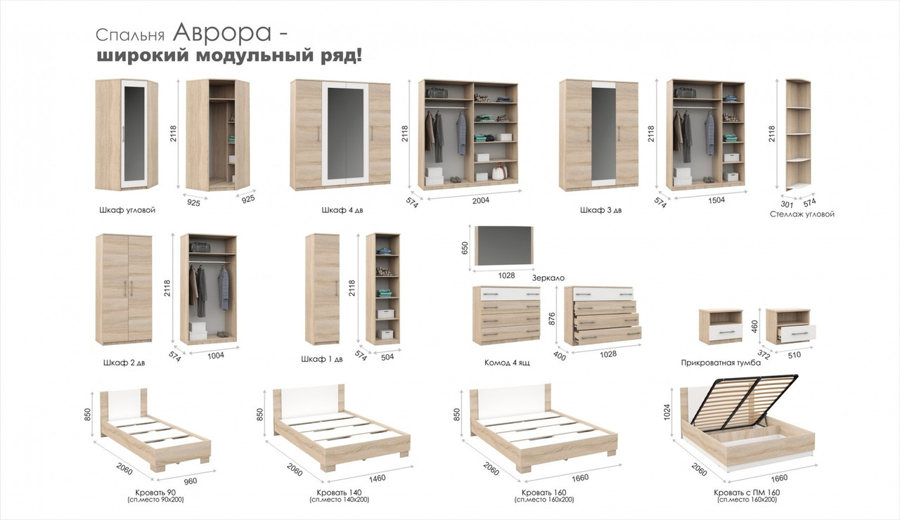 Кровать "Аврора" с основанием 160х200 дуб Сонома/белый - фото 6 - id-p208913874