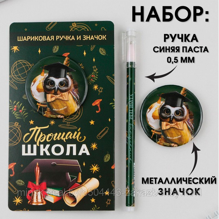 Подарочный набор: ручка с колпачком, шариковая 0,5 мм, значок « Прощай школа ».