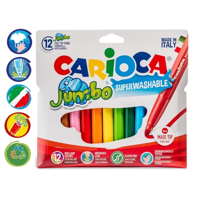 Фломастеры 12 цветов Carioca Jumbo, 5.0 мм, утолщенные, смываемые, увеличенный ресурс, суперяркие, европодвес - фото 1 - id-p208937383