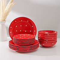 Набор тарелок керамических Доляна «Красный горох», 18 предметов: 6 тарелок d=19 см, 6 тарелок d=27 см, 6 мисок