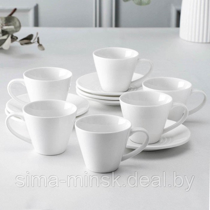 Набор фарфоровый чайный на 6 персон Wilmax, 12 предметов: 6 чашек 180 мл, 6 блюдец d=14 см, цвет белый - фото 1 - id-p208933441