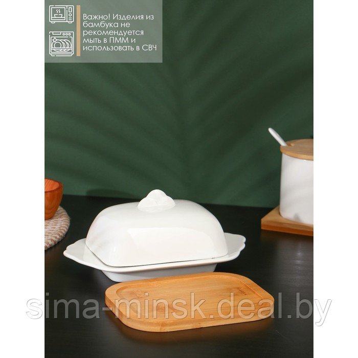 Маслёнка фарфоровая на деревянной подставке BellaTenero, 320 мл, цвет белый - фото 2 - id-p208933484