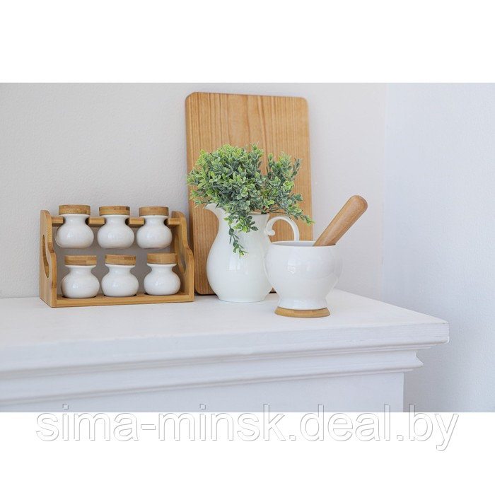 Ступка фарфоровая для специй с пестиком на деревянной подставке BellaTenero, 380 мл, цвет белый - фото 8 - id-p208933502