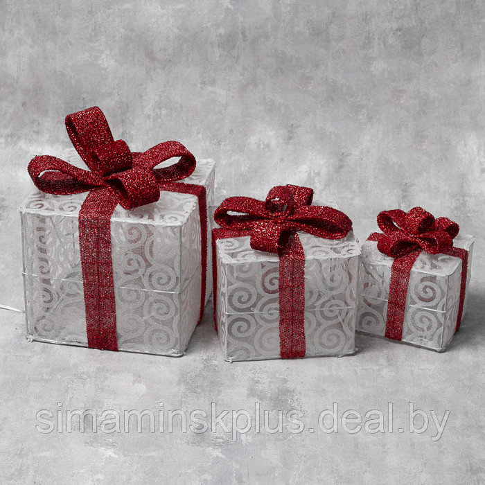 Светодиодная фигура «Подарки с красной лентой» 15, 20, 25 см, текстиль, металл, 220 В, 8 режимов, свечение - фото 2 - id-p208938086