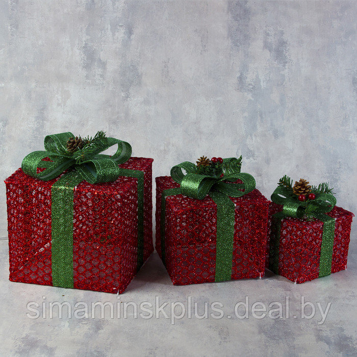 Светодиодная фигура «Подарки с зелёной лентой» 15, 20, 25 см, текстиль, металл, 220 В, свечение тёплое белое - фото 2 - id-p208938088