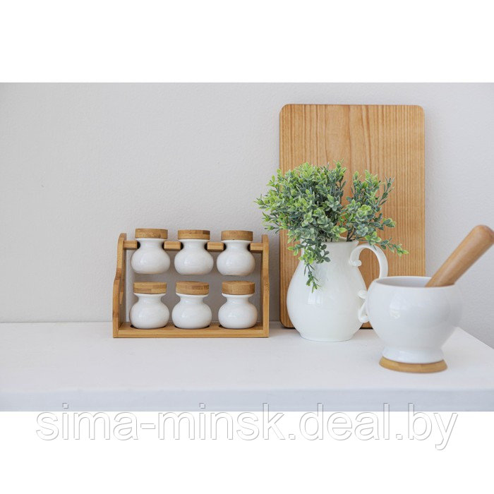 Набор банок фарфоровых для специй на деревянной подставке BellaTenero, 6 предметов: 50 мл, цвет белый - фото 9 - id-p208933521
