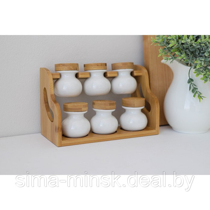 Набор банок фарфоровых для специй на деревянной подставке BellaTenero, 6 предметов: 50 мл, цвет белый - фото 10 - id-p208933521