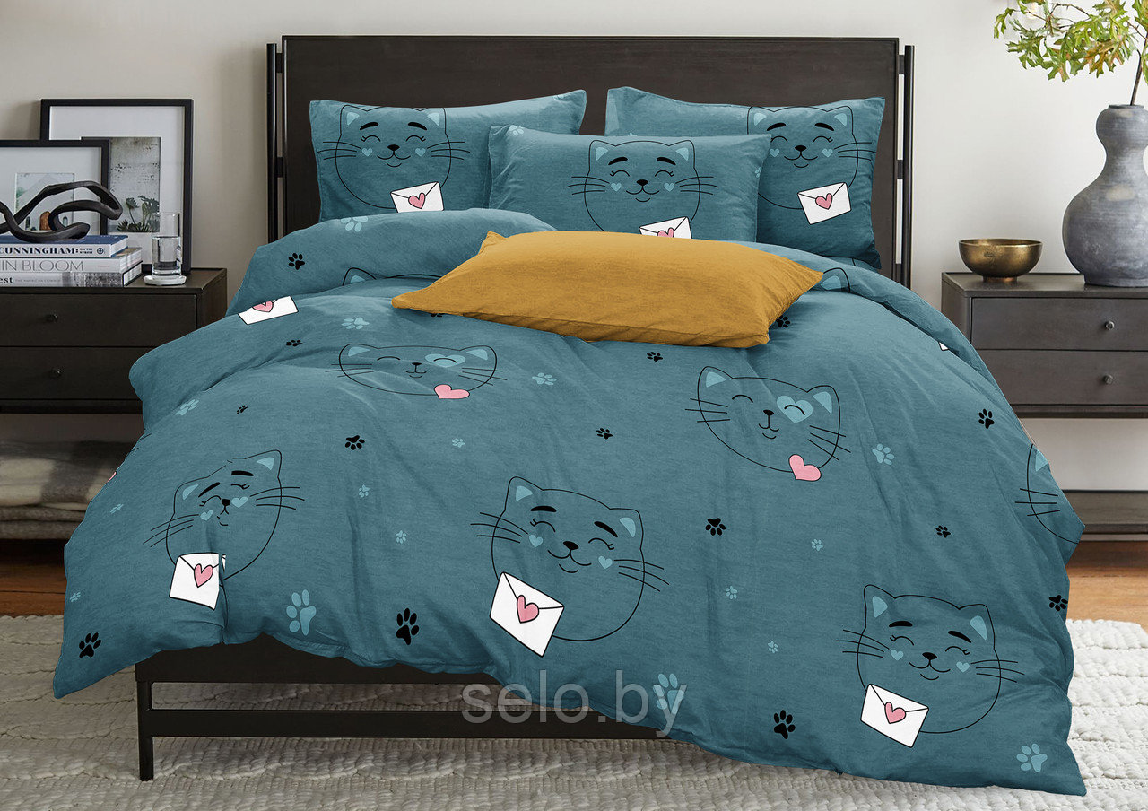 Ткань для постельного белья Бязь Коты на зеленом 220 см (отрезаем от 1 метра) - фото 1 - id-p208965870