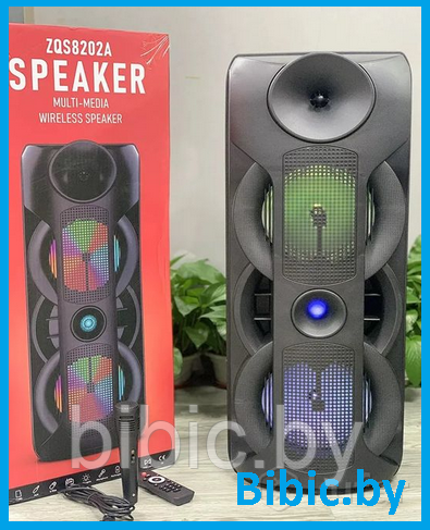 Портативная колонка BT Speaker ZQS8202A Мощная беспроводная акустическая система. Микрофон, пульт, подсветка