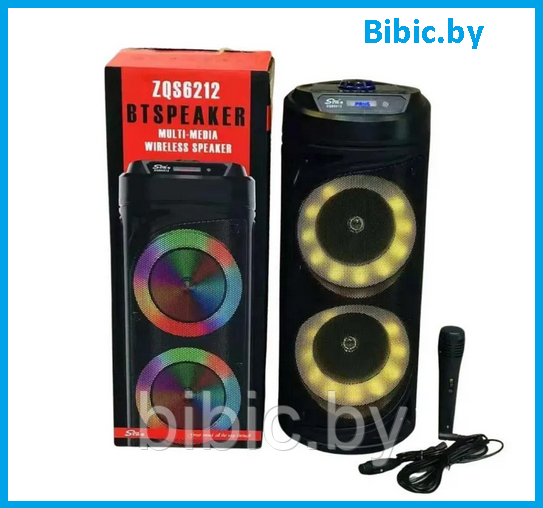 Портативная колонка BT SPEAKER ZQS 6212 . Мощная беспроводная акустическая система. Микрофон, пульт, подсветка