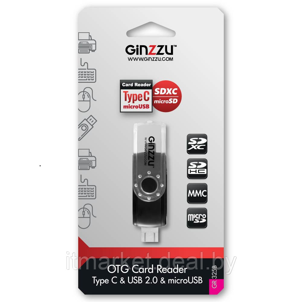Картридер GINZZU GR-325B OTG TYPE C/microUSB/USB2.0 SD/microSD - фото 3 - id-p208973784