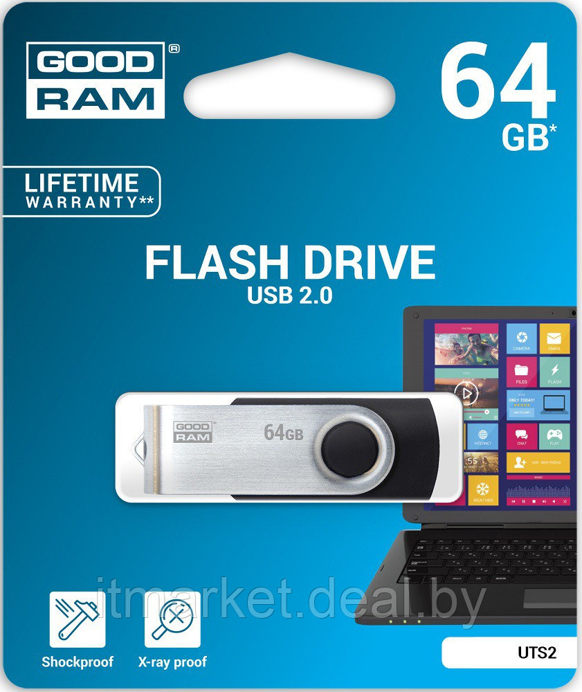 USB flash disk 64Gb Goodram UTS2 64Gb (UTS2-0640K0R11) Black (раскладной корпус, пластик, металл, USB 2.0) - фото 4 - id-p208973830