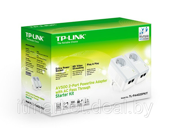 Адаптер Powerline TP-Link TL-PA4020PKIT (2xAV500, 500Mbit/s, сквозная розетка) - фото 1 - id-p208972923