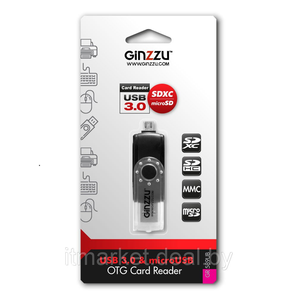Картридер GINZZU GR-589UB EXT USB3.0/OTG microUSB - фото 3 - id-p208976902