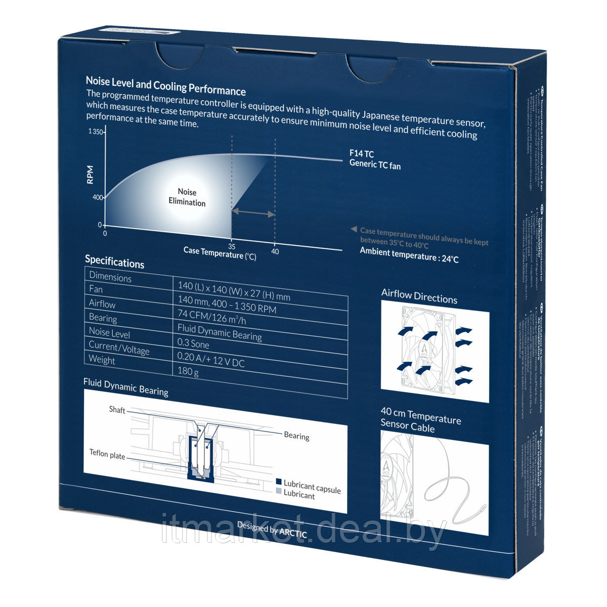 Вентилятор Arctic Cooling F14 TC (ACFAN00081A) Black/White (140mm, 400-1350rpm, 74CFM, 22.5-24.5dBa, FDB, - фото 6 - id-p208979006