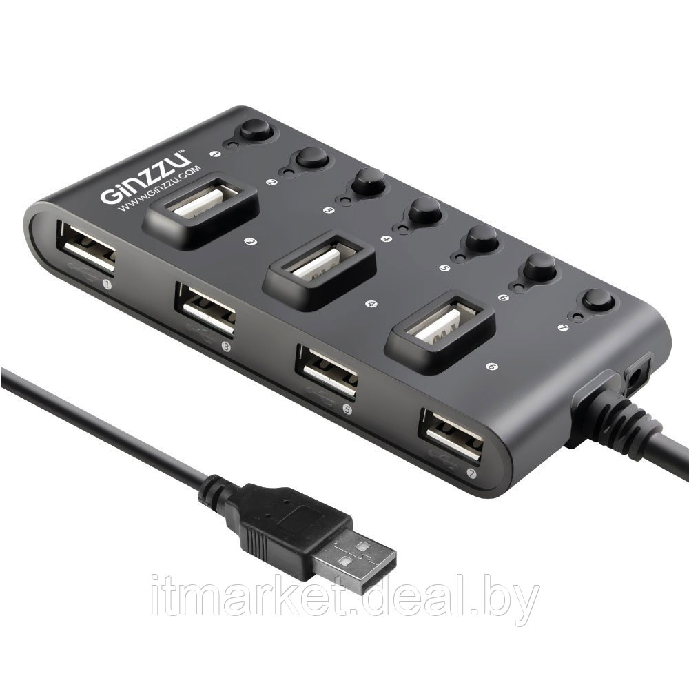 Разветвитель USB GINZZU GR-487UB (внешний, 7 портов, USB 2.0) - фото 2 - id-p208974078