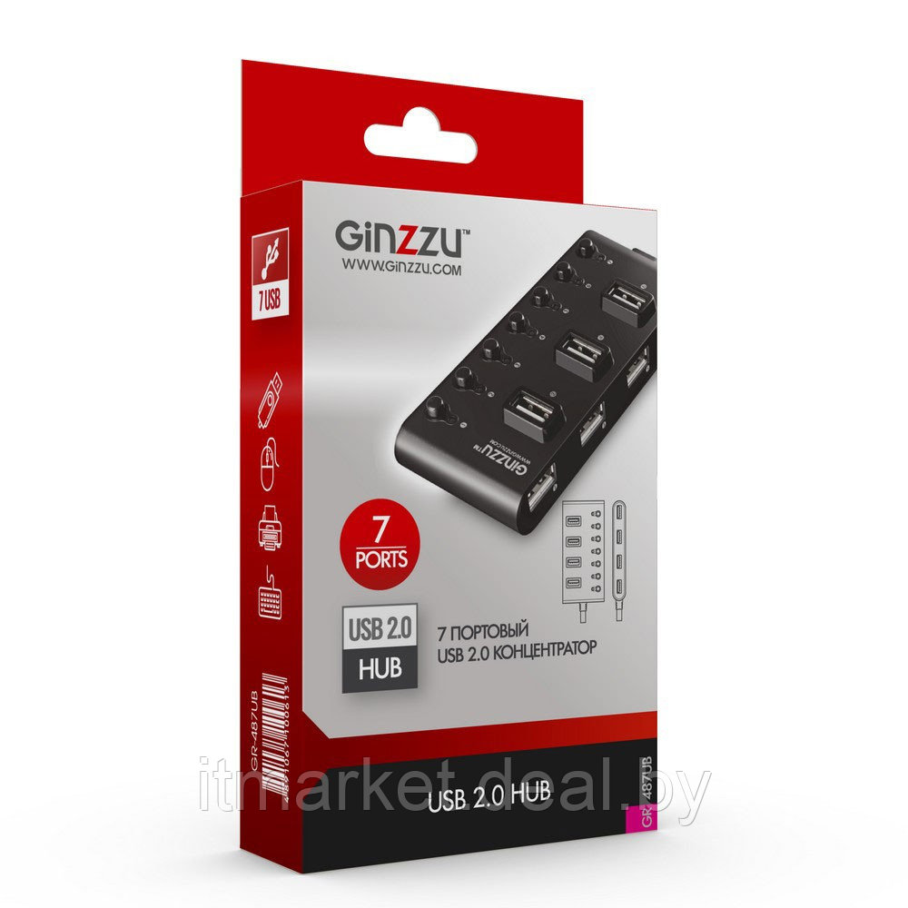 Разветвитель USB GINZZU GR-487UB (внешний, 7 портов, USB 2.0) - фото 3 - id-p208974078