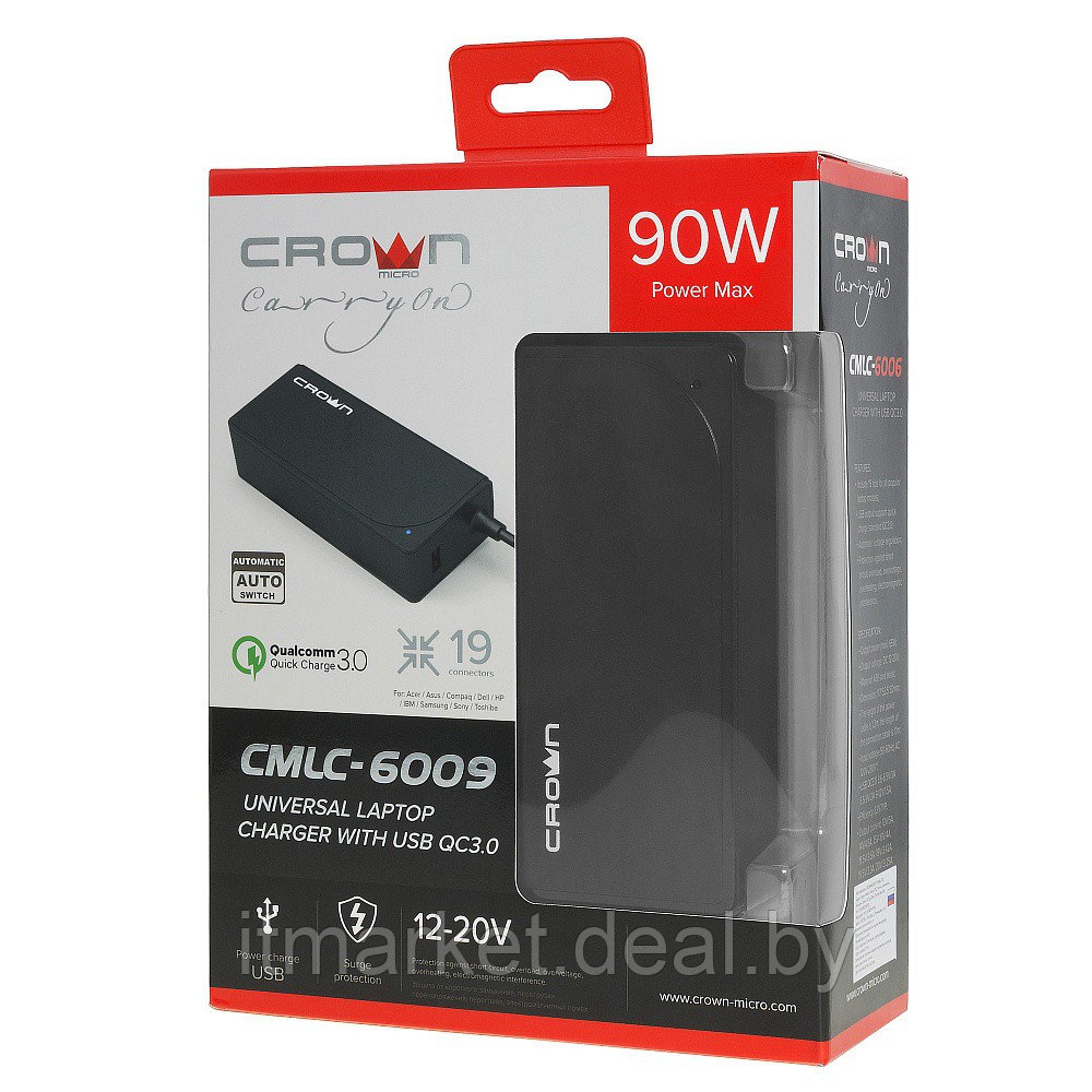 Универсальное зарядное устройство для ноутбука Crown CMLC-6009 (19 коннекторов, 90W, 12-20V, USB QC 3.0) - фото 5 - id-p208974080