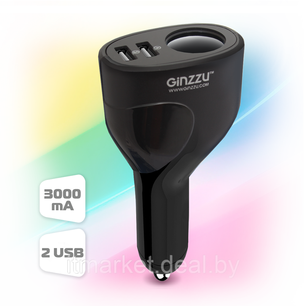 Автомобильное зарядное устройство GINZZU GA-4715UB 2xUSB + 1розетка - фото 2 - id-p208973135