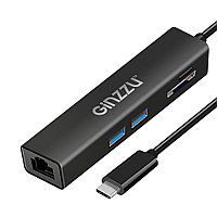 Картридер GINZZU GR-568UB (Type-C - microSDXC+SDXC/SDHC+2xUSB3.0 хаб+RG 45 GLan)