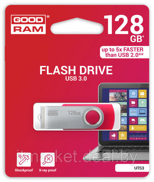 USB flash disk 128Gb Goodram UTS3 128Gb (UTS3-1280R0R11) Red (раскладной корпус, металл/пластик, USB3) - фото 3 - id-p208979327