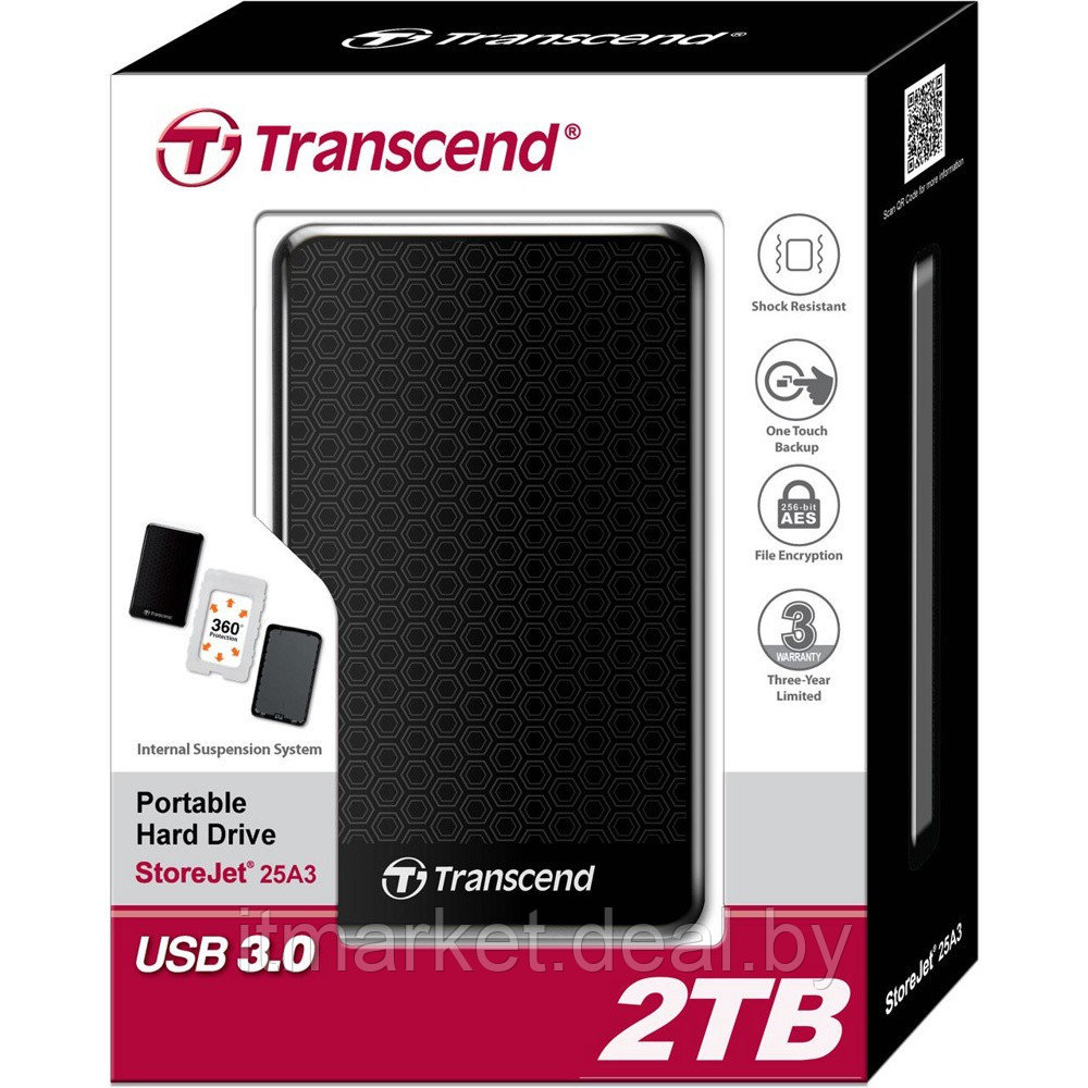 Внешний жесткий диск 2Tb Transcend StoreJet 25A3K (TS2TSJ25A3K) Black USB 3.0 - фото 3 - id-p208973471