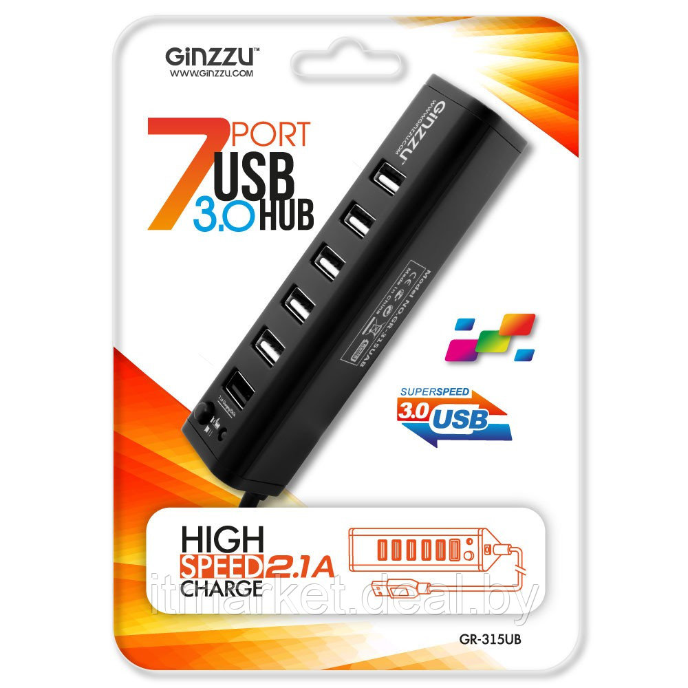 Разветвитель USB GINZZU GR-315UB (внешний, 7 портов (1xUSB3.0+6xUSB2.0)) - фото 3 - id-p208973494