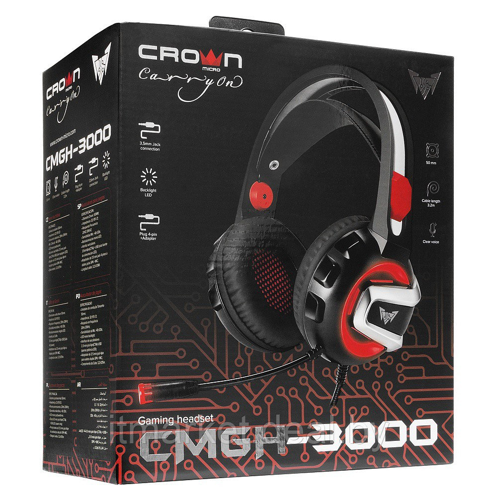 Наушники Crown CMGH-3000 Black/Red (накладные, закрытые, USB для подсветки, подсветка, 20-20000Гц, 32 Ом) - фото 6 - id-p208977516