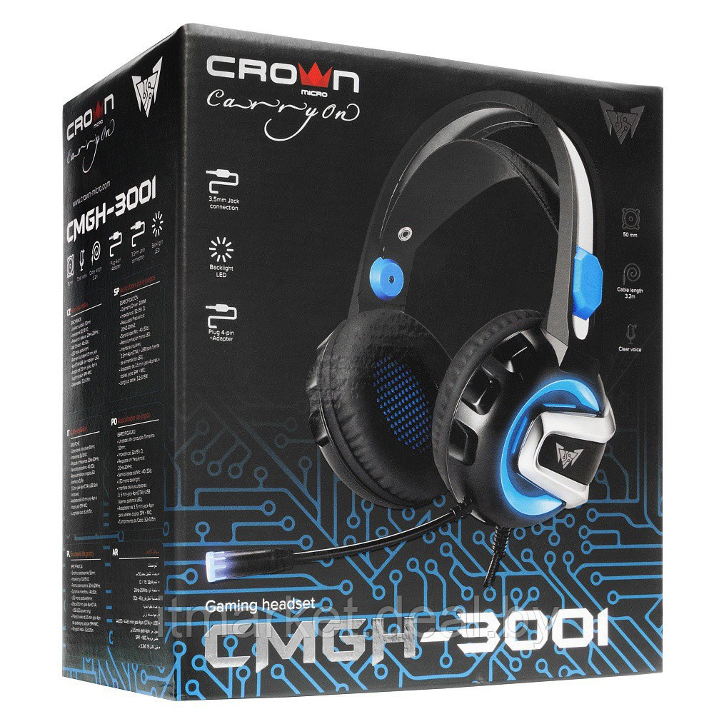 Наушники Crown CMGH-3001 Black/Blue (накладные, закрытые, USB для подсветки, подсветка, 20-20000Гц, 32 Ом) - фото 6 - id-p208977564