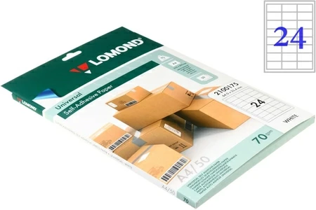 Бумага самоклеящаяся для изготовления этикеток Lomond, А4, 24 шт., 64×33,4 мм, матовая, белая - фото 1 - id-p209020116