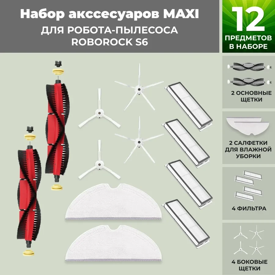 Набор аксессуаров Maxi для робота-пылесоса Roborock S6, основная щетка с роликами, белые боковые щетки 558404