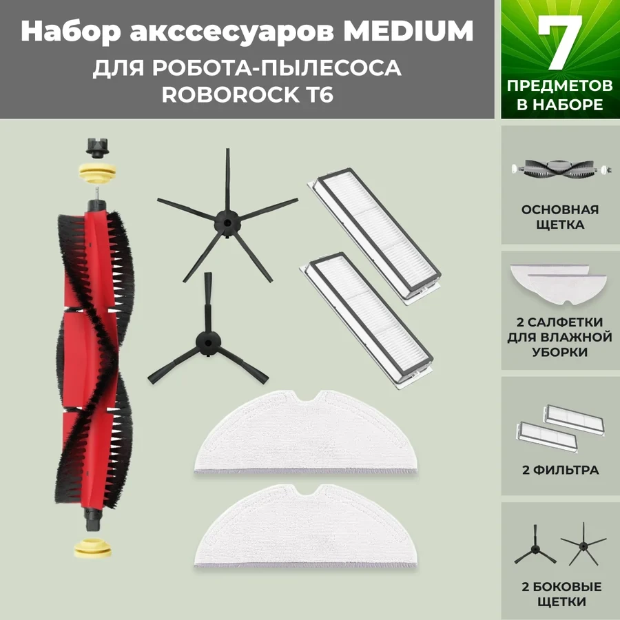 Набор аксессуаров Medium для робота-пылесоса Roborock T6, основная щетка с роликами, черные боковые щетки