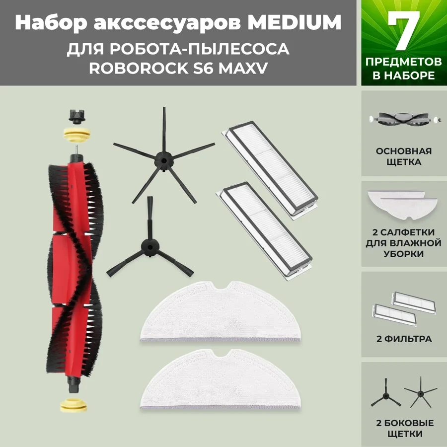 Набор аксессуаров Medium для робота-пылесоса Roborock S6 MaxV, основная щетка с роликами, черные боковые щетки