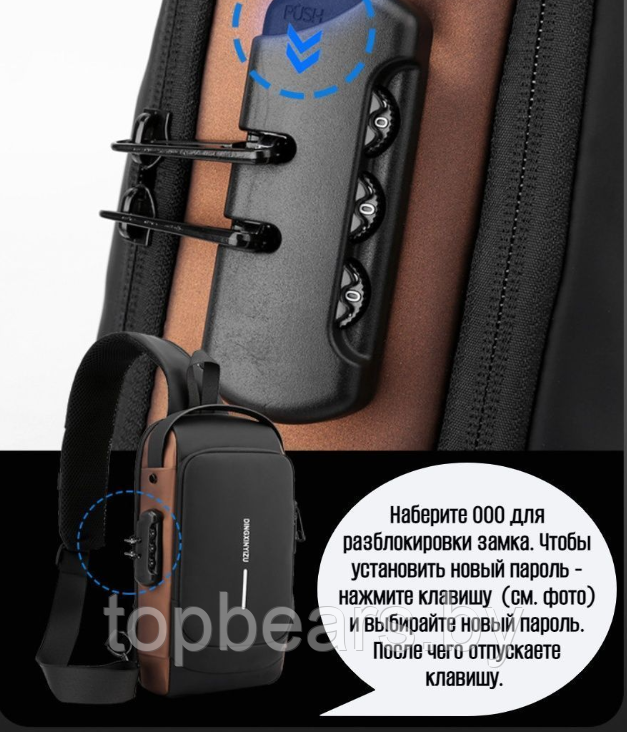Сумка - рюкзак через плечо Fashion с кодовым замком и USB / Сумка слинг / Кросc-боди барсетка Зеленый с - фото 5 - id-p209253361