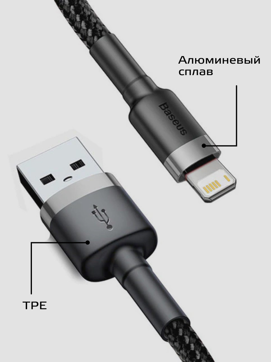 Кабель Baseus Cafule USB - Lightning (CALKLF) (1 м, серо-черный) - фото 5 - id-p196964347