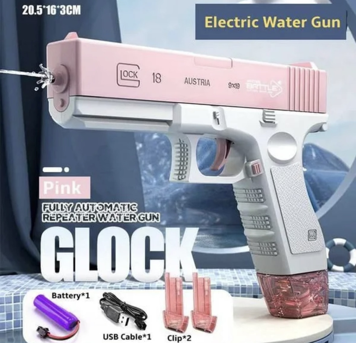 Водяной пистолет Glock электрический, зарядка USB, 2 цвета - фото 4 - id-p209285273