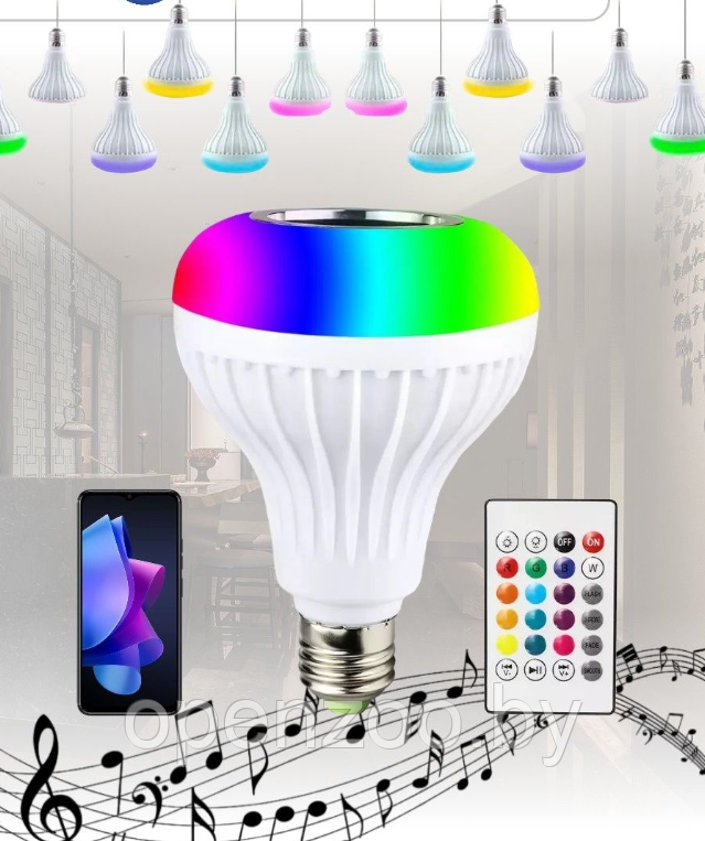 Музыкальная мульти RGB лампа колонка Led Music Bulb с пультом управления / Умная Bluetooth лампочка 16 - фото 4 - id-p166220982