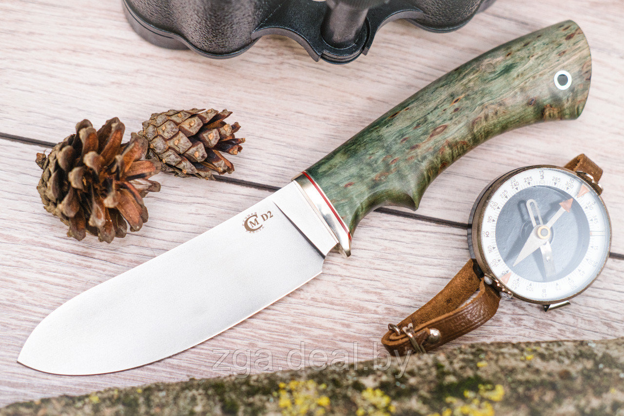 Охотничий нож Кречет, ст.D2, мельхиор, стабилизированная карельская береза. Подарок мужчине. - фото 2 - id-p199614186