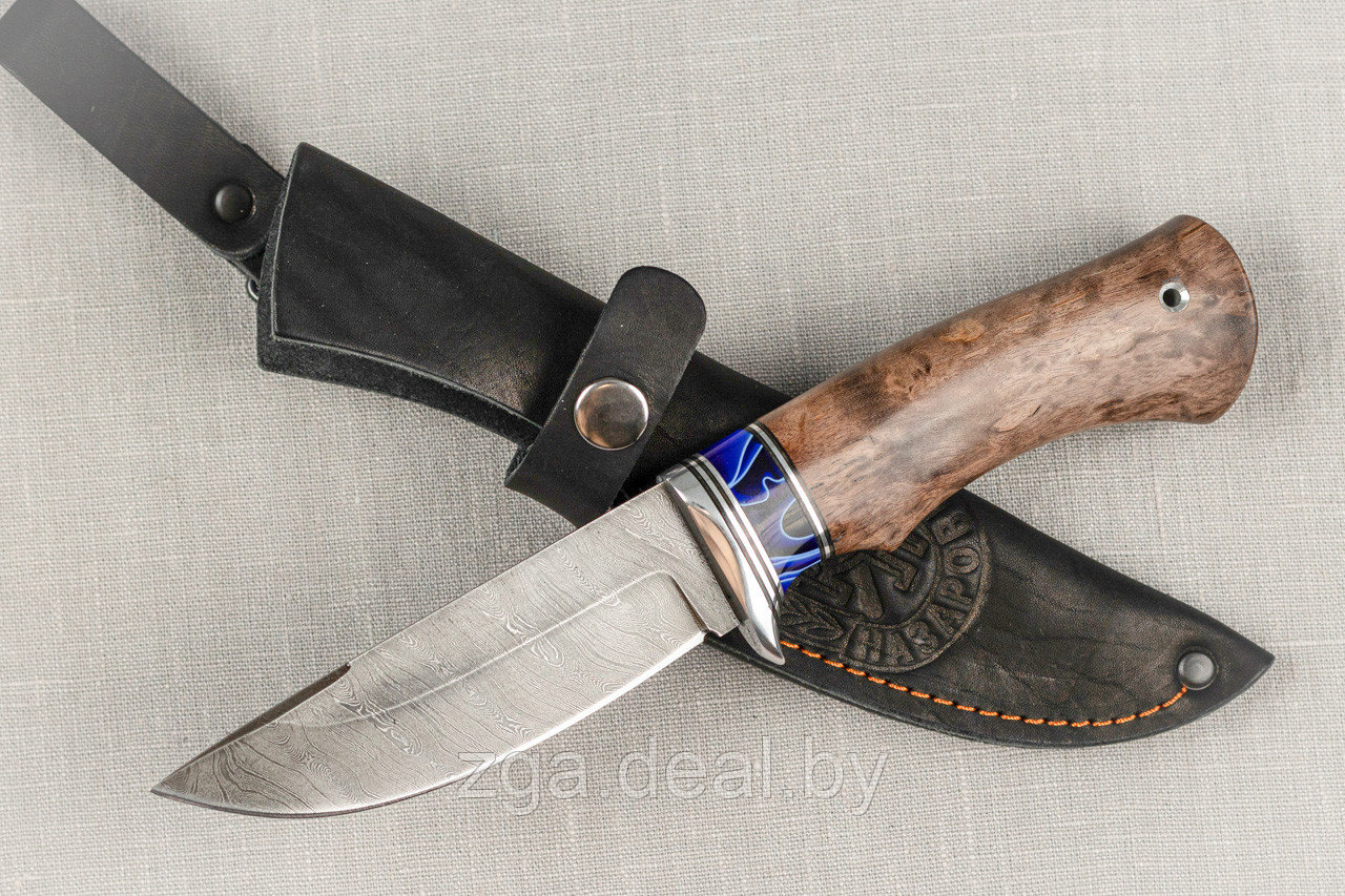 Охотничий нож Гепард дамаск карельская береза коричневая акрил. Подарок мужчине.