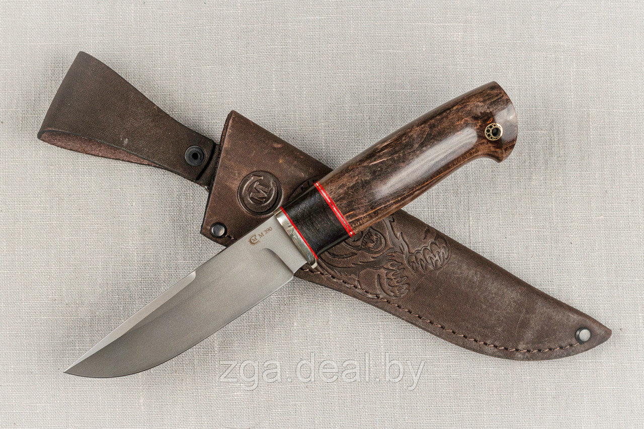 Охотничий нож «Соболь» из стали М390 (новинка), рукоять литье мельхиор, ценные породы древесины.