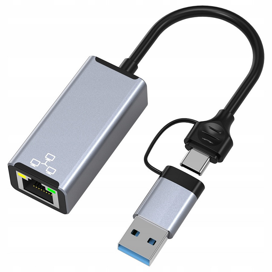 Адаптер - переходник USB Type-C / USB Type-A - RJ45 (LAN) до 100 Мбит/с, серый - фото 1 - id-p209417422