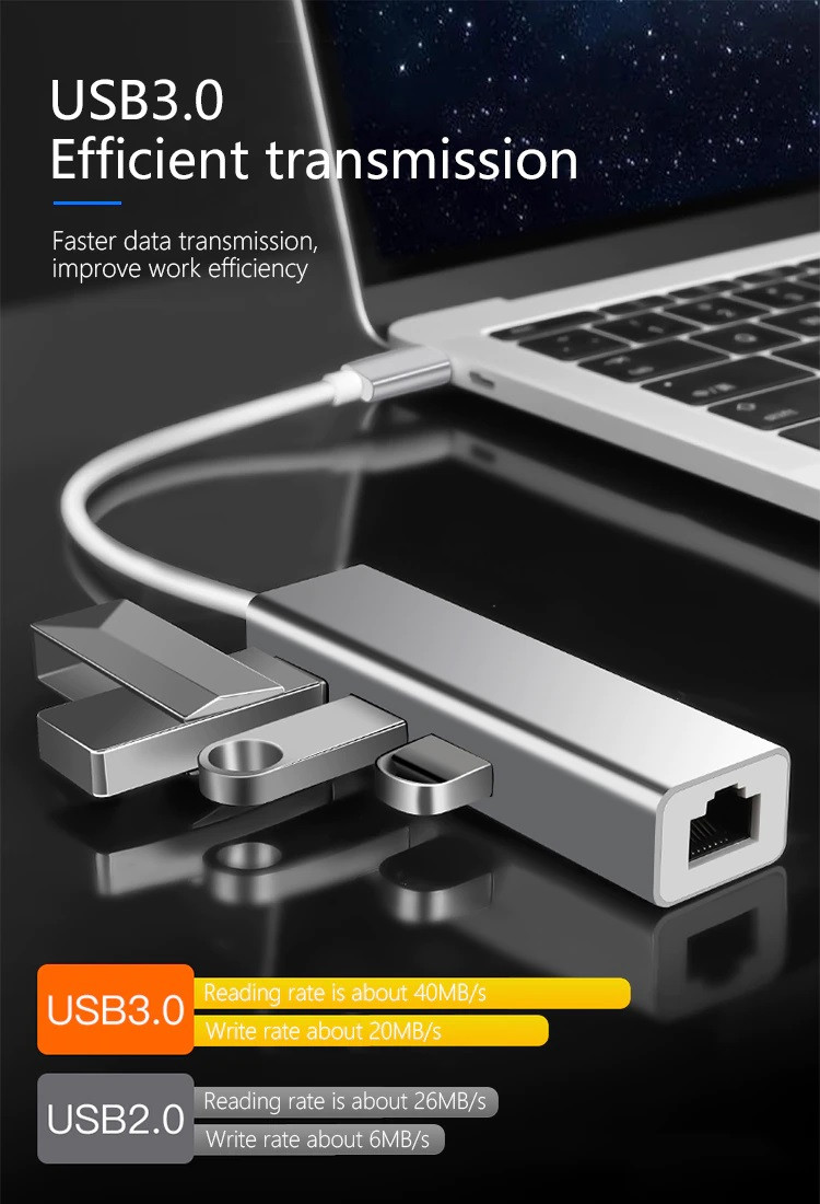 Адаптер - переходник - хаб USB3.1 Type-C на 3x USB3.0 - RJ45 (LAN) до 1000 Мбит/с, серебро - фото 5 - id-p209421004