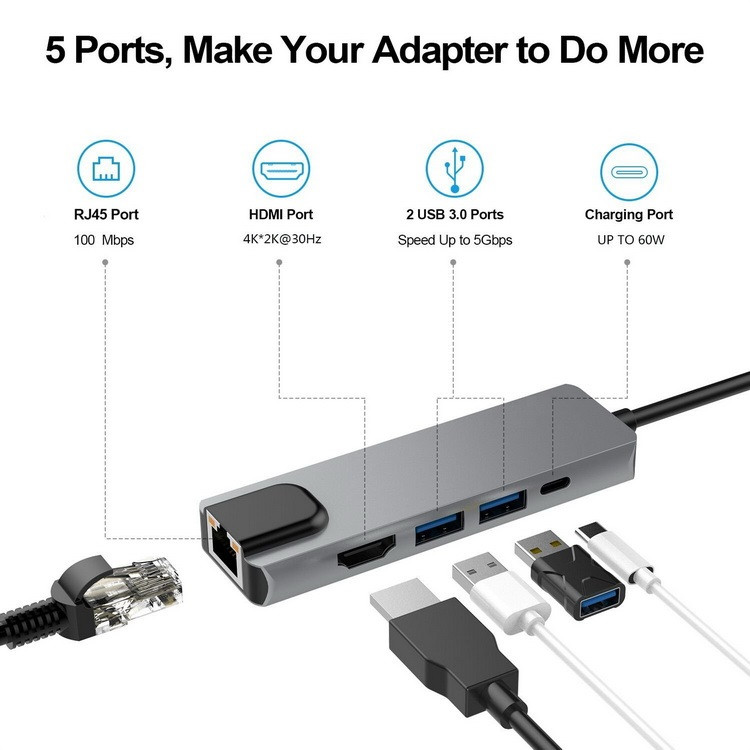 Адаптер - переходник - хаб 5in1 USB3.1 Type-C на HDMI - 2x USB3.0 - USB3.1 Type-C - RJ45 (LAN) до 100 Мбит/с - фото 2 - id-p209425995