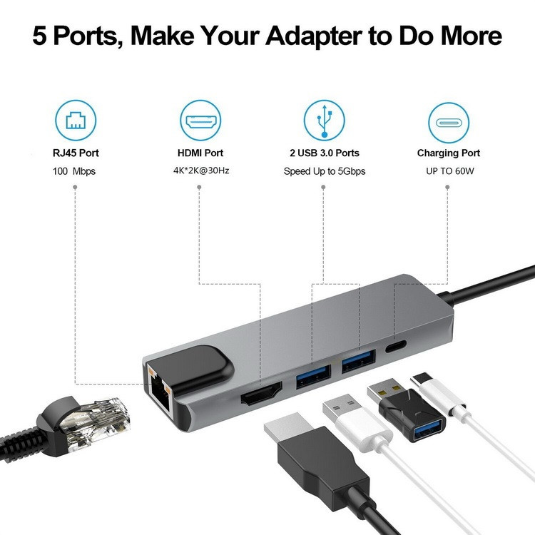 Адаптер - переходник - хаб 5in1 USB3.1 Type-C на HDMI - 2x USB3.0 - USB3.1 Type-C - RJ45 (LAN) до 100 Мбит/с - фото 2 - id-p209426928