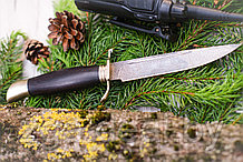 Нож финка из кованой дамасской стали «НКВД», рукоять литье мельхиор, черный граб. Подарок мужчине.