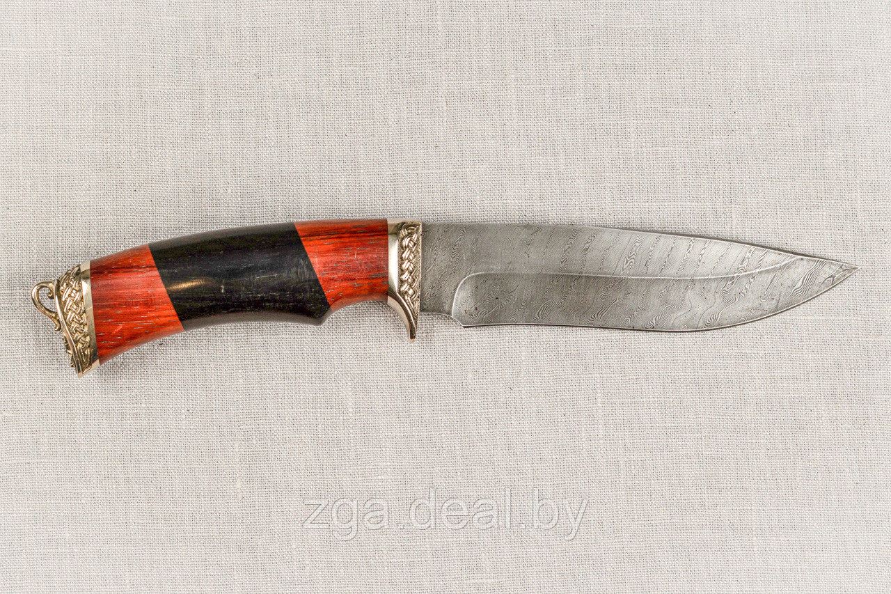 Охотничий нож из дамасской стали «Близнец», рукоять литье мельхиор, черный граб, карельская берёза. - фото 2 - id-p199340016