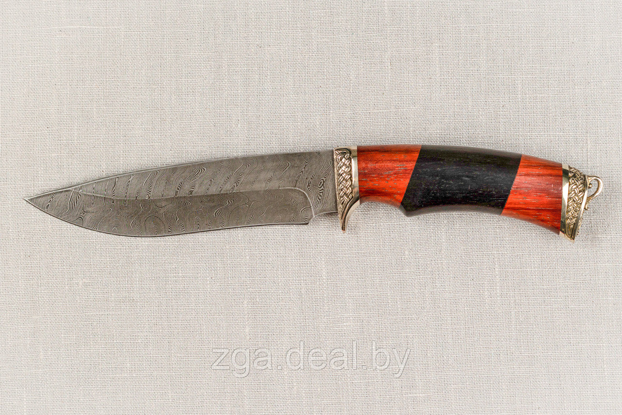 Охотничий нож из дамасской стали «Близнец», рукоять литье мельхиор, черный граб, карельская берёза. - фото 3 - id-p199340016