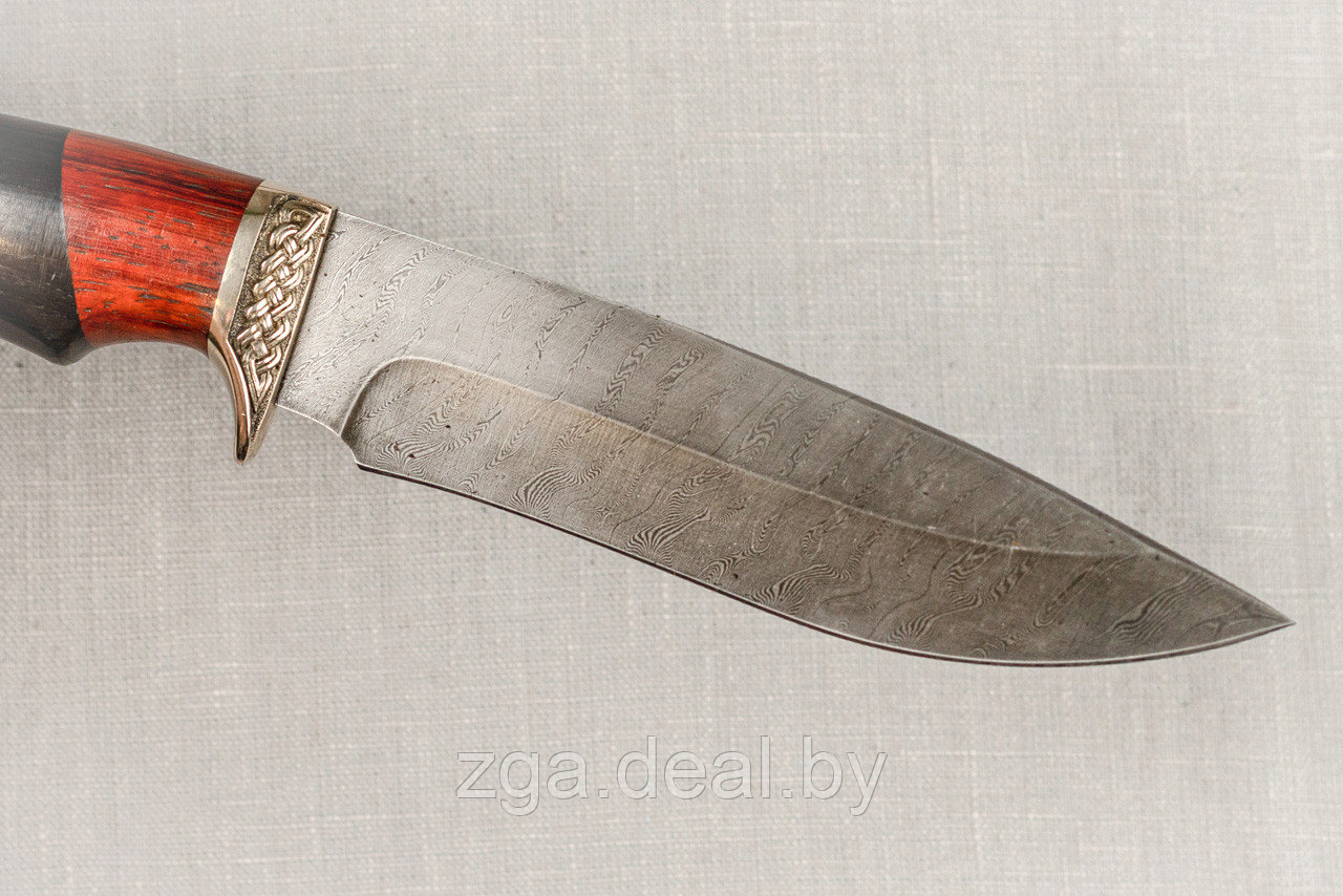 Охотничий нож из дамасской стали «Близнец», рукоять литье мельхиор, черный граб, карельская берёза. - фото 4 - id-p199340016