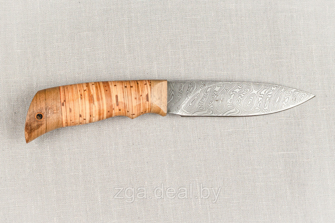 Охотничий нож из дамасской стали «Мурена», рукоять береста, карельская берёза.Подарок мужчине. - фото 3 - id-p199332742